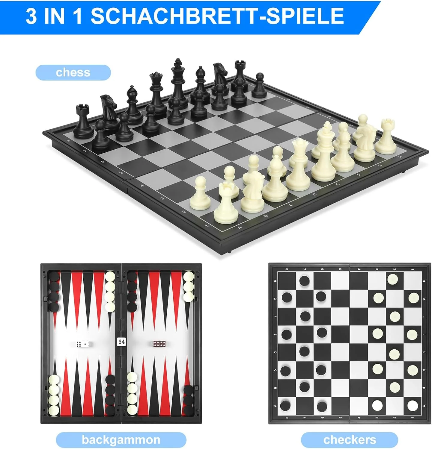 بازی شطرنج مغناطیسی، بازی شطرنج 3 در 1، صفحه شطرنج تاشو مناسب کودکان 6 سال به بالا، بازی شطرنج مسافرتی با صفحه شطرنج قابل حمل، سیاه و سفید، 32 x 32 سانتی متر