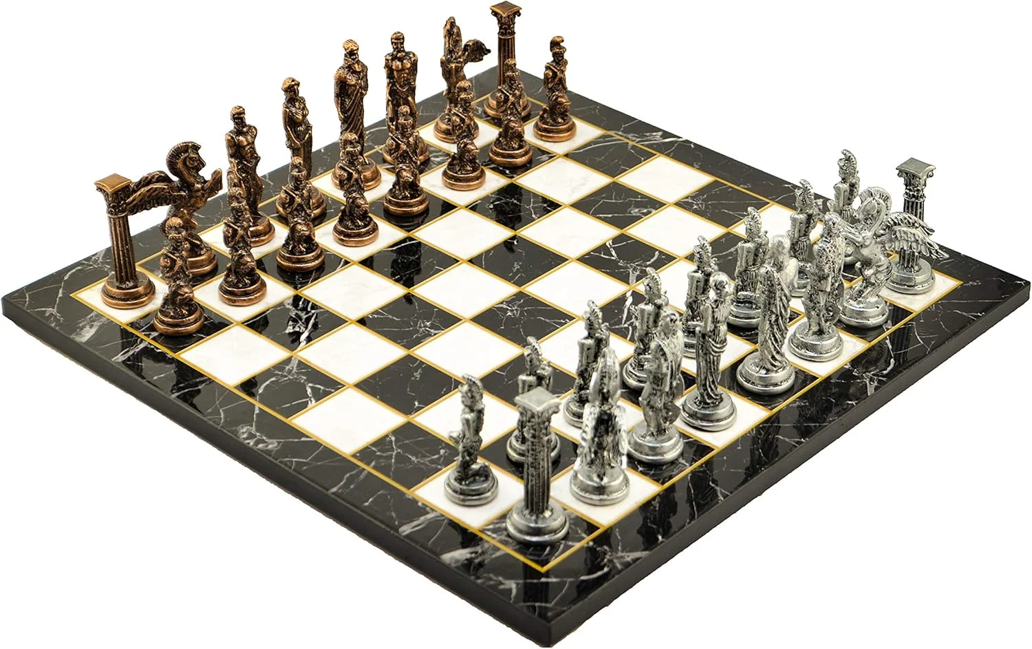 صفحه شطرنج فلزی GiftHome برای بزرگسالان، طرح اساطیری پگاسوس، رنگ مسی عتیقه، مهره های دست ساز، صفحه شطرنج چوبی با طرح مرمر، ارتفاع شاه 8.5 سانتی متر
