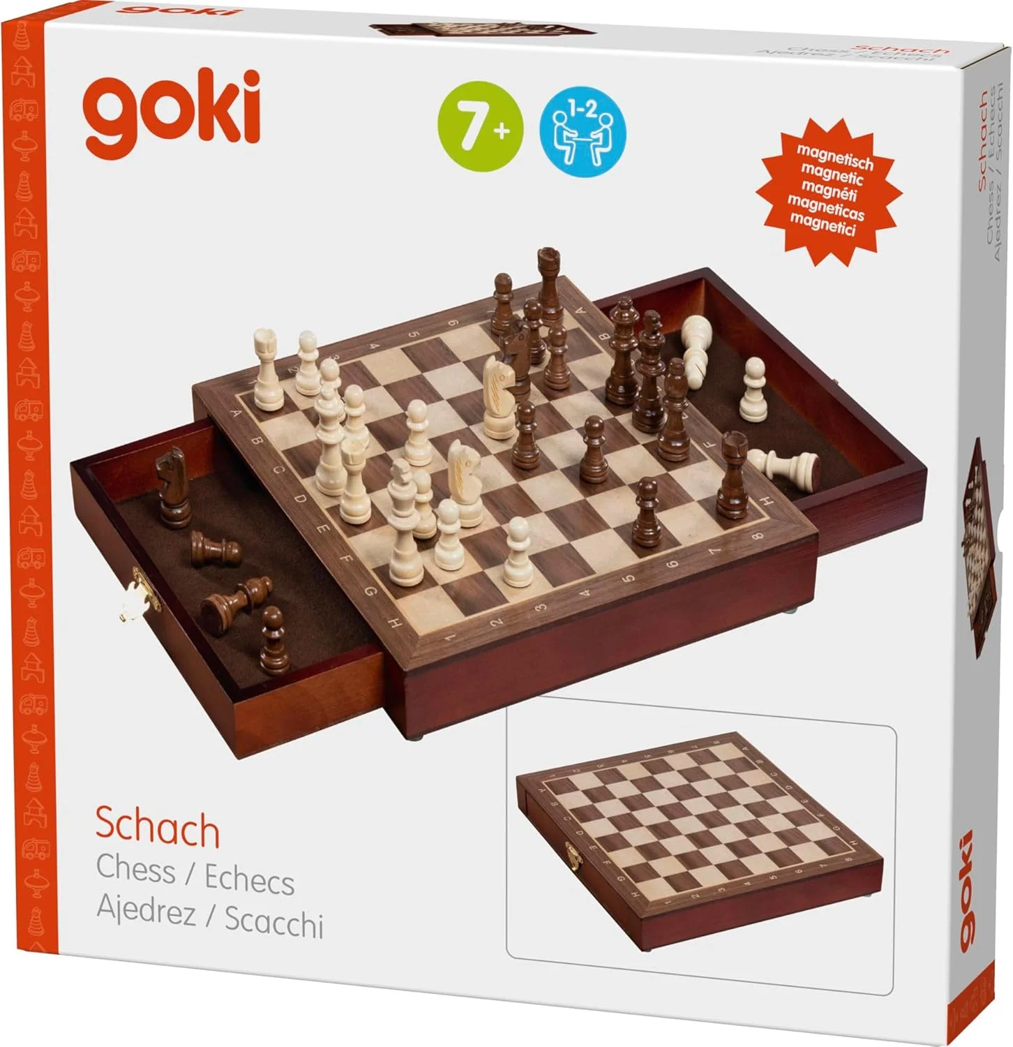 بازی شطرنج مغناطیسی goki با کشو - اسباب بازی چوبی قابل حمل برای کودکان 7 سال به بالا، مهره های مغناطیسی برای ثبات بیشتر و نگهداری کاربردی