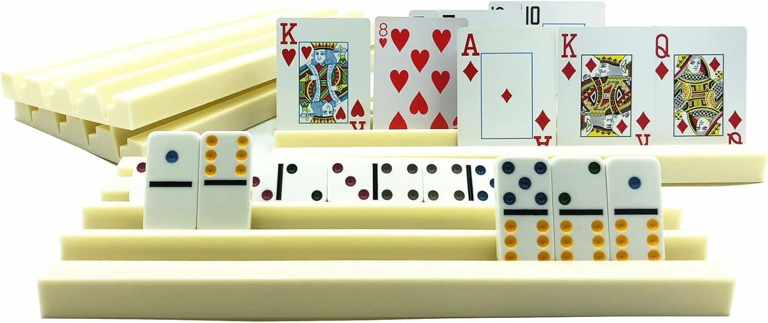 مجموعه ۴ عددی نگهدارنده پلاستیکی دومینو Yuanhe، قفسه دومینو، سینی دومینو - عالی برای بازی های دومینو و بازی با کارت در خانه - دومینو شامل نمی شود