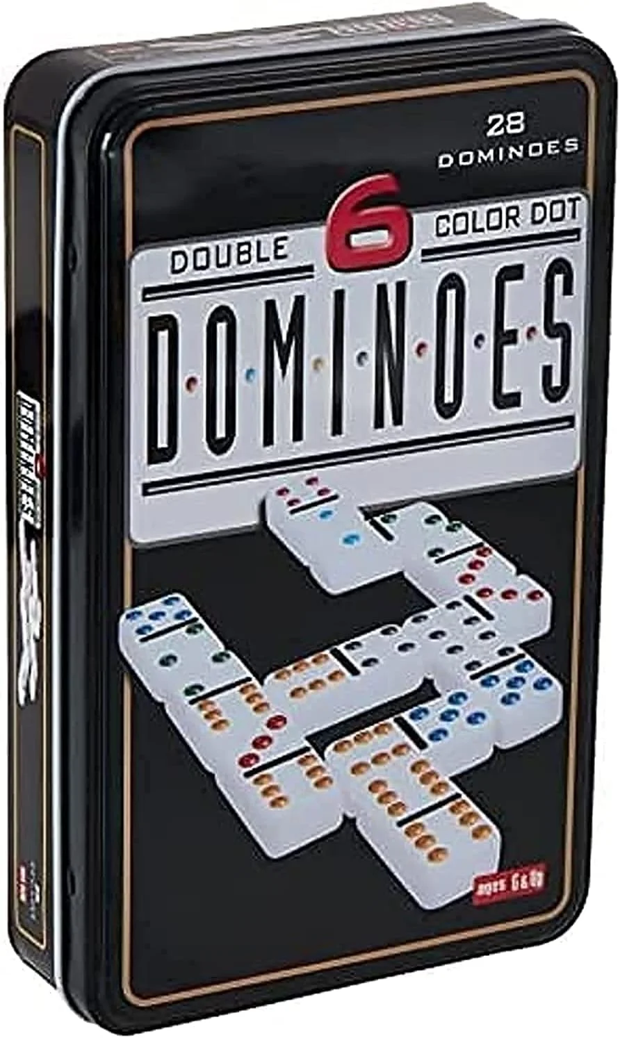 مجموعه بازی دومینو نقطه ای رنگی دابل 6 راپکس، 28 قطعه کلاسیک در جعبه فلزی، بازی تطبیق و سرگرم کننده