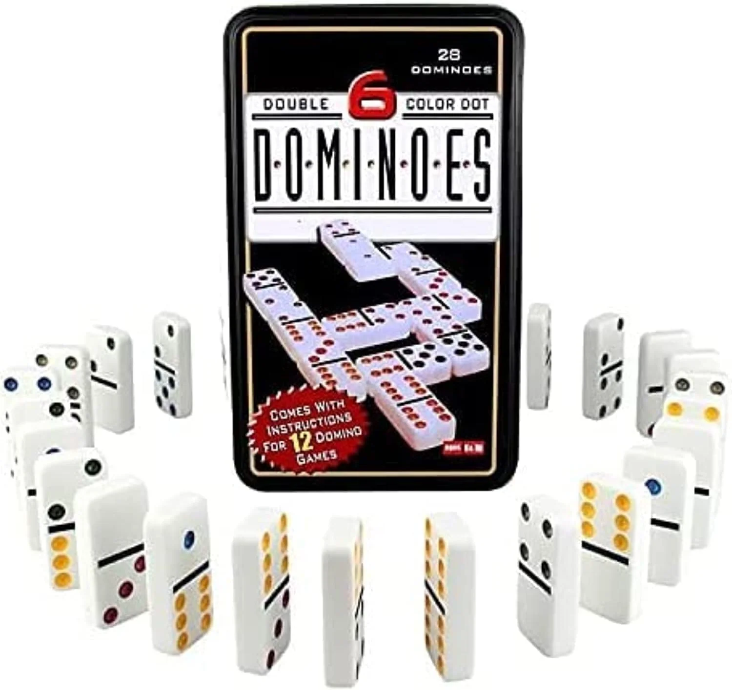 مجموعه بازی دومینو نقطه ای رنگی دابل 6 راپکس، 28 قطعه کلاسیک در جعبه فلزی، بازی تطبیق و سرگرم کننده