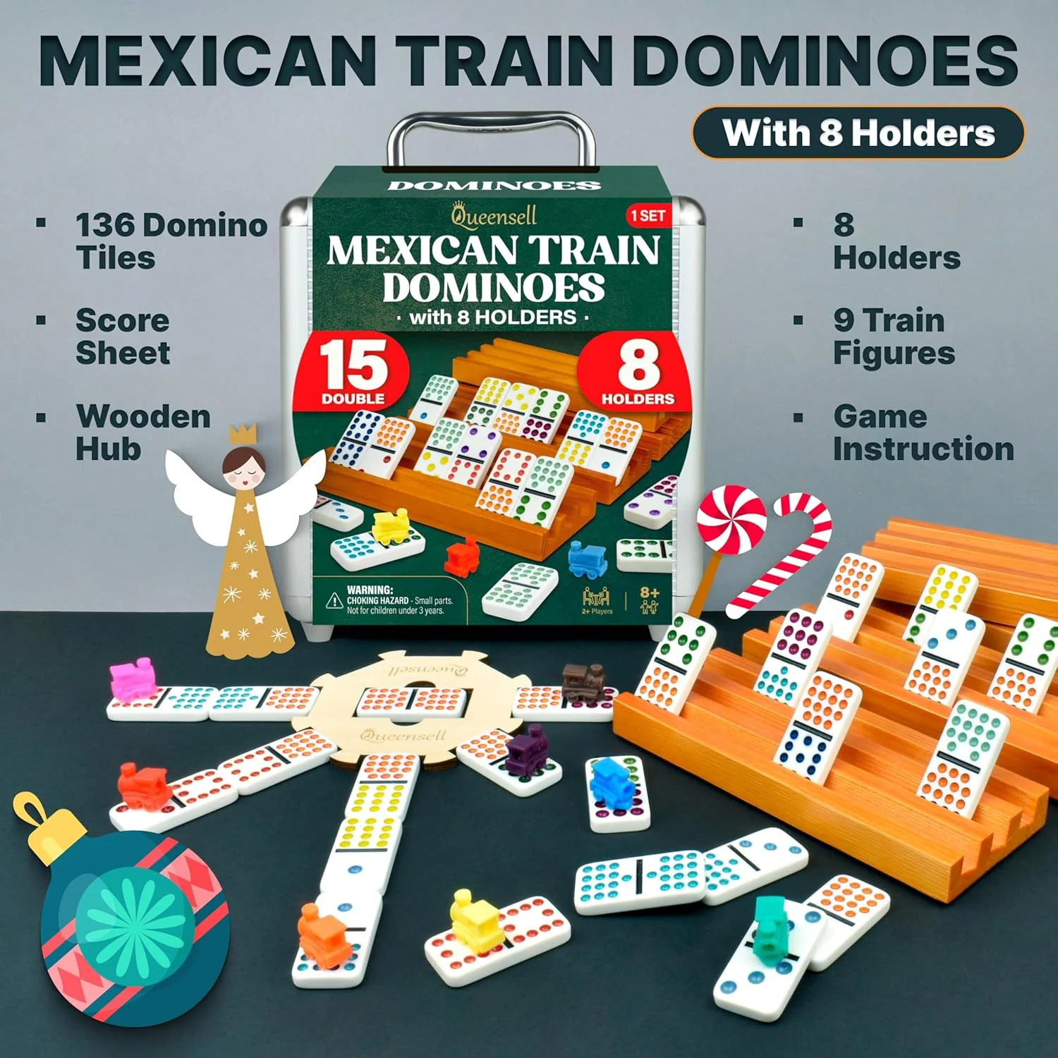 مجموعه دومینو قطار مکزیکی Queensell با 15 مهره دوبل و 8 جایگاه - توپی چوبی و جایگاه مهره ها - 15 دوبل با نقطه (D15 + 8 جایگاه)
