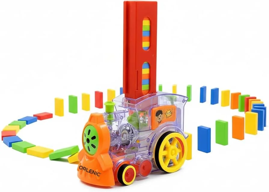 مجموعه اسباب بازی قطار دومینو 120 قطعه ای با نور و صدا، مدل قطار رالی دومینو چیدمان خودکار، اسباب بازی های آموزشی ساخت و ساز و چیدن برای کودکان، بازی ساختنی تعاملی STEM، سنین 3 سال به بالا