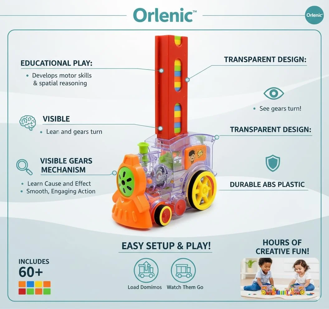 مجموعه اسباب بازی قطار دومینو 120 قطعه ای با نور و صدا، مدل قطار رالی دومینو چیدمان خودکار، اسباب بازی های آموزشی ساخت و ساز و چیدن برای کودکان، بازی ساختنی تعاملی STEM، سنین 3 سال به بالا