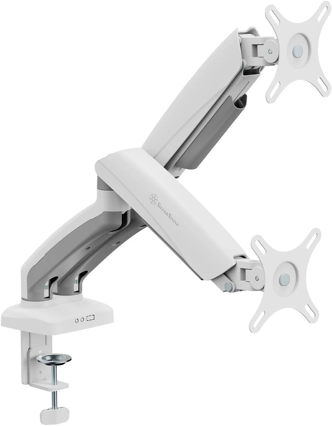 بازوی نگهدارنده دو مانیتوره سیلوراستون مدل ARM26، مناسب برای صفحه نمایش 24 تا 32 اینچ، حداکثر ظرفیت وزن 9 کیلوگرم، +90° ~ -45° شیب، گزینه های نصب دوگانه، پوشش مدیریت کابل یکپارچه، سفید | SST-ARM26W