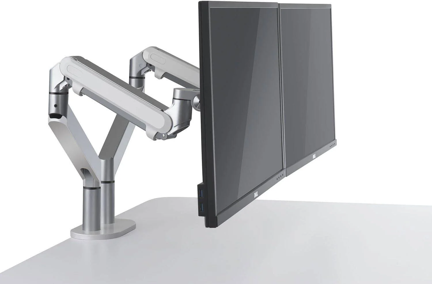 بازوی رومیزی فنری گازی دوگانه برای LCD با براکت VESA و پایه بازوی مانیتور برای صفحه نمایش های 13 تا 32 اینچی، شیب به بالا 90 درجه / پایین 85 درجه، چرخش به چپ/راست 180 درجه، چرخش 360 درجه، بازوهای دوگانه