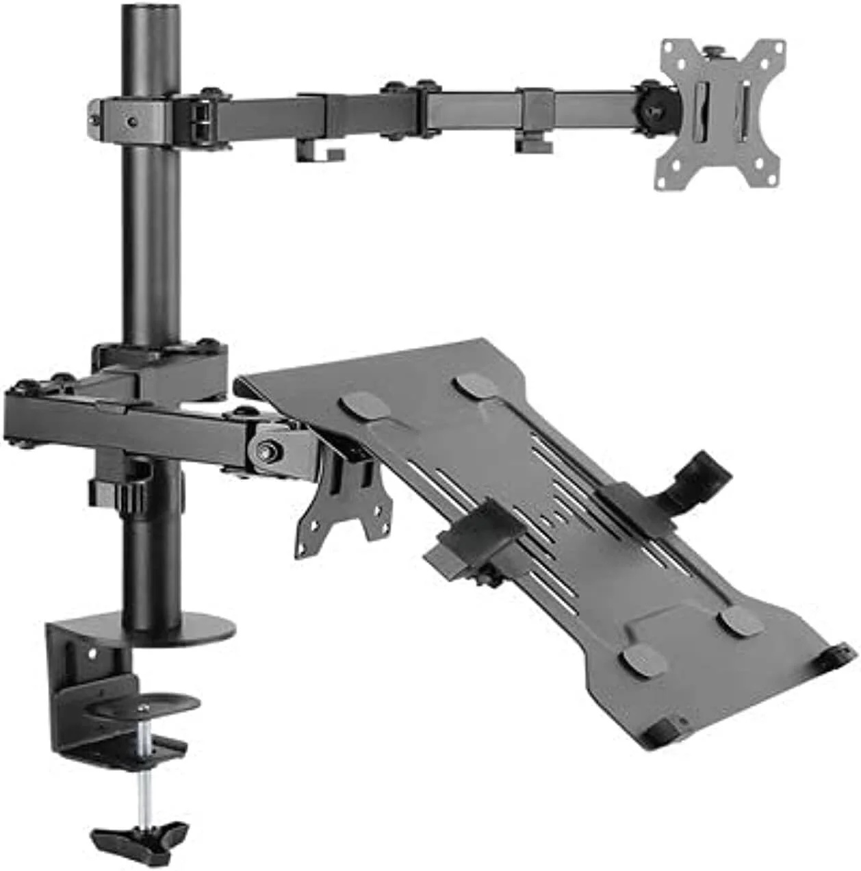 پایه مانیتور رومیزی Skill Mount به همراه نگهدارنده لپ‌تاپ، پایه مانیتور LED/LCD تک بازویی متحرک، پایه لپ‌تاپ قابل تنظیم، مشکی مات.