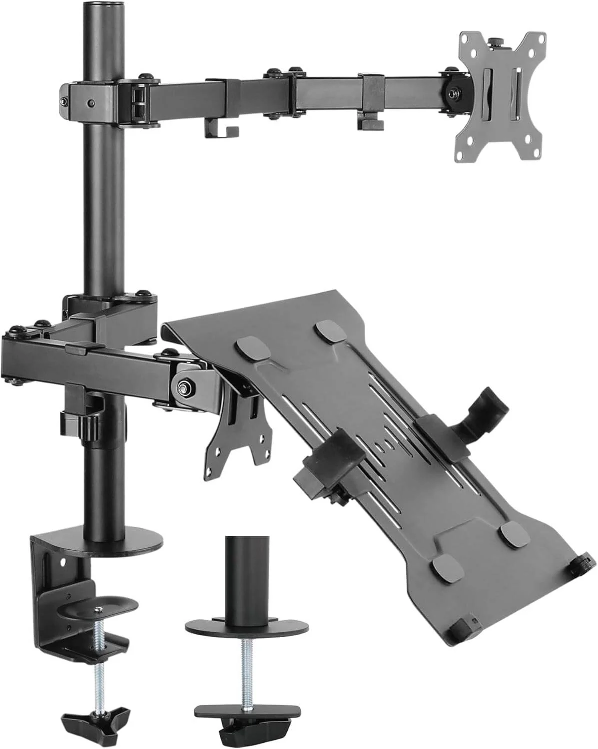پایه مانیتور رومیزی Skill Mount به همراه نگهدارنده لپ‌تاپ، پایه مانیتور LED/LCD تک بازویی متحرک، پایه لپ‌تاپ قابل تنظیم، مشکی مات.
