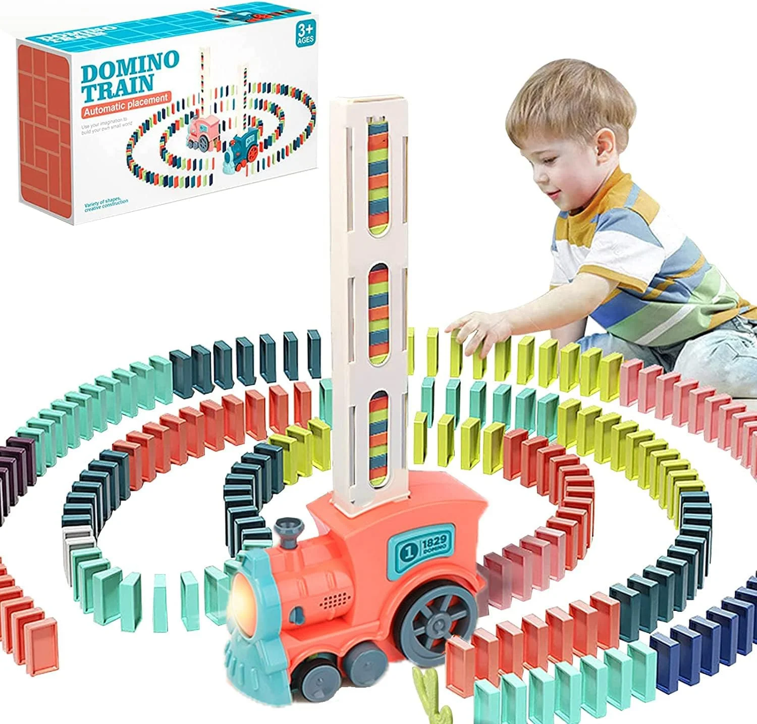 ست قطار دومینو GGEROU با 120 قطعه دومینو، ست قطار دومینو چیدمان خودکار با چراغ و صدا، اسباب بازی پازل ساخت و چیدن دومینو STEAM برای هدیه مدرسه کودکان 3+ سال پسران دختران