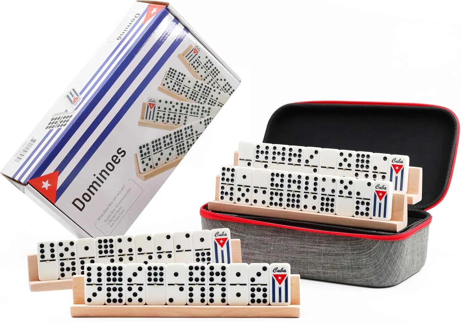 دومینو کوبایی دابل ناین (نه دوتایی) شامل ۴۸ قطعه و ۴ سینی چوبی، مناسب هدیه، سفید