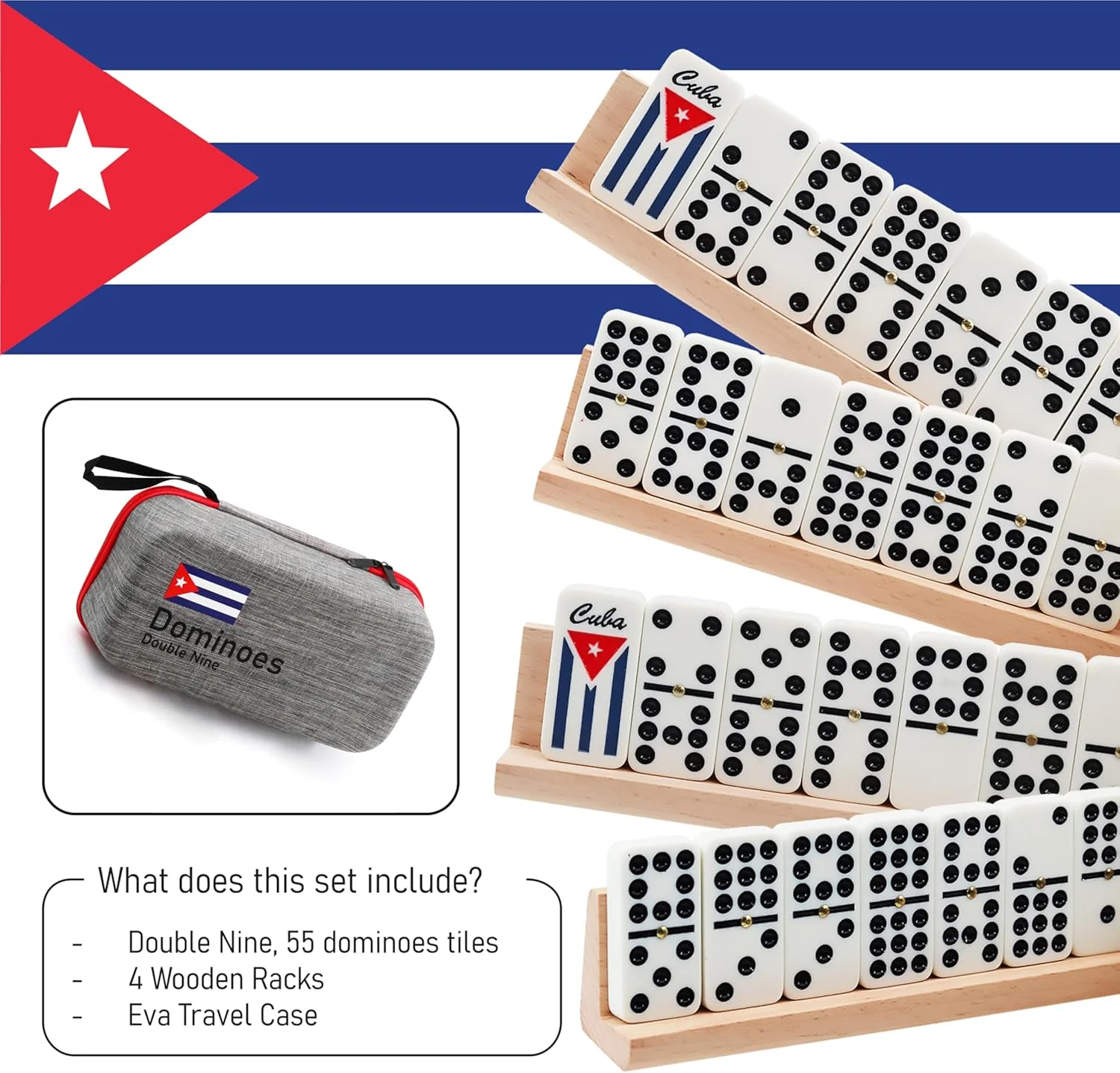 دومینو کوبایی دابل ناین (نه دوتایی) شامل ۴۸ قطعه و ۴ سینی چوبی، مناسب هدیه، سفید