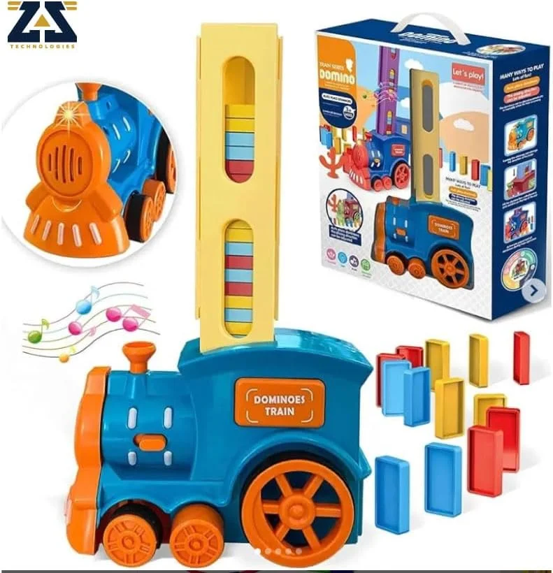 مجموعه اسباب بازی قطار دومینو ZAZ شامل 60 قطعه دومینو، قطار برقی دومینو با قابلیت چیدن خودکار دومینو، دارای نور و صدا، اسباب بازی های چیدنی، بازی قطار دومینو کودکان ZAZ Technology، مجموعه قطار خودکار