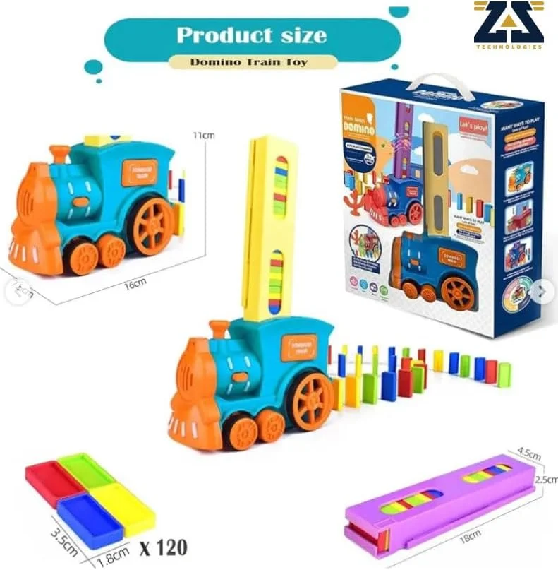 مجموعه اسباب بازی قطار دومینو ZAZ شامل 60 قطعه دومینو، قطار برقی دومینو با قابلیت چیدن خودکار دومینو، دارای نور و صدا، اسباب بازی های چیدنی، بازی قطار دومینو کودکان ZAZ Technology، مجموعه قطار خودکار