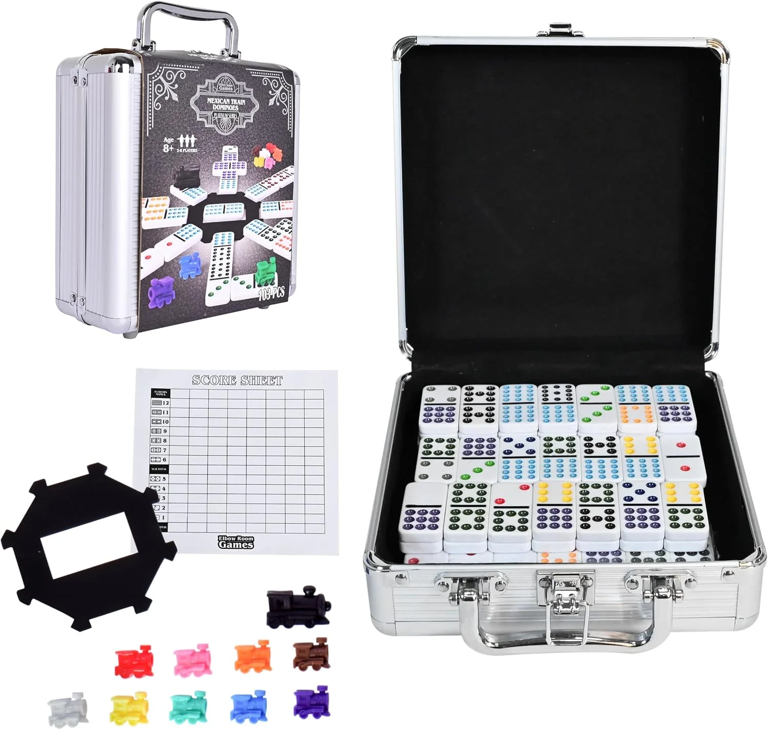 مجموعه دومینو دوازده تایی Elbow Room Games با 91 دومینو، 10 قطار، قطعه شروع و برگه امتیاز – ایده آل برای بازی قطار مکزیکی، بلاک و دراو – برای 2 تا 8 بازیکن