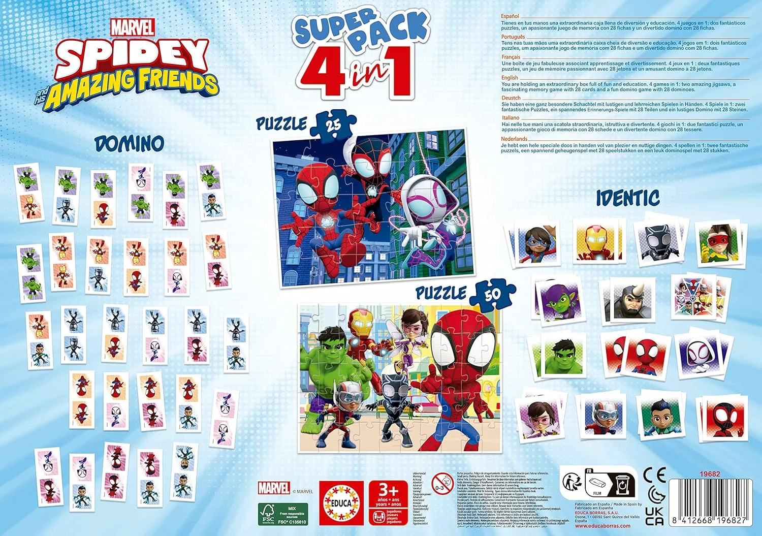 Educa - بسته فوق العاده Spidey & Friends | بازی های تخته ای و پازل های کودکان: دومینو، بازی تطبیق با 28 کارت و 2 پازل 25 و 50 تکه. بازی کودکان برای 3، 4 و 5 سال (19682)