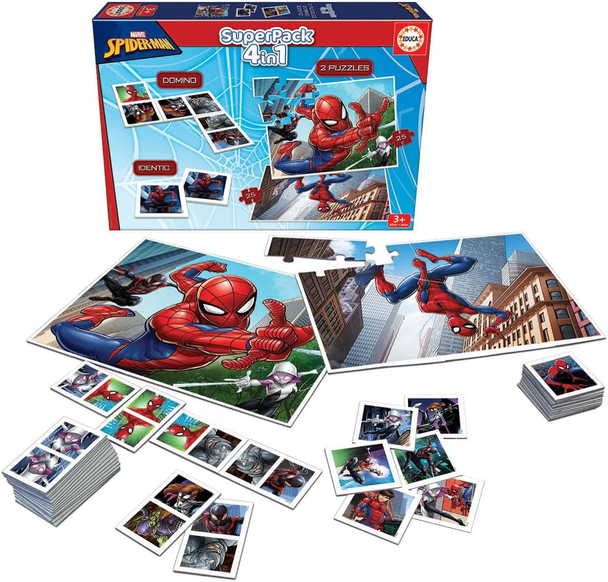 Educa - سوپر پک 4 در 1 مرد عنکبوتی، شامل دومینو، بازی حافظه و 2 پازل، برای کودکان از 3 سال، مارول (19353)