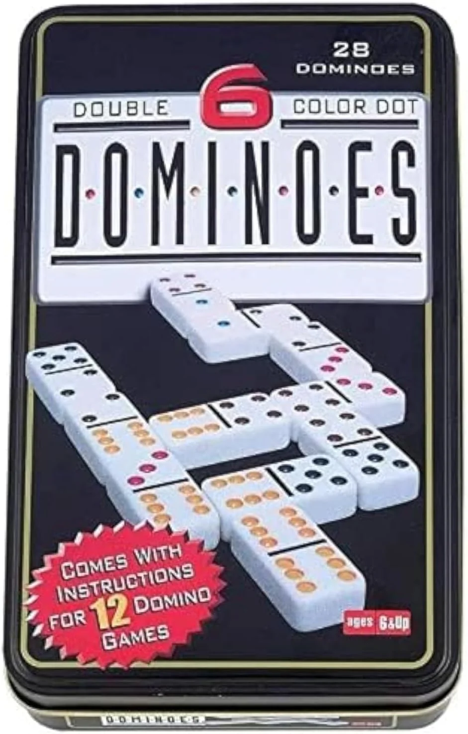 مجموعه بازی دومینو سفید با خال های رنگی، جعبه فلزی سفارشی، مناسب بازی های رومیزی، اندازه: 19x11 سانتی متر