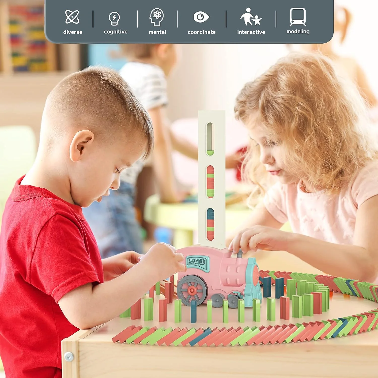 اسباب بازی قطار دومینو برای دختران 3+ سال: بازی های چیدن دومینو برای کودکان - اسباب بازی مونته سوری برای کودکان نوپا 3-5 ساله پسران 4-8 ساله - فعالیت های حرکتی ظریف تعاملی هدیه تولد