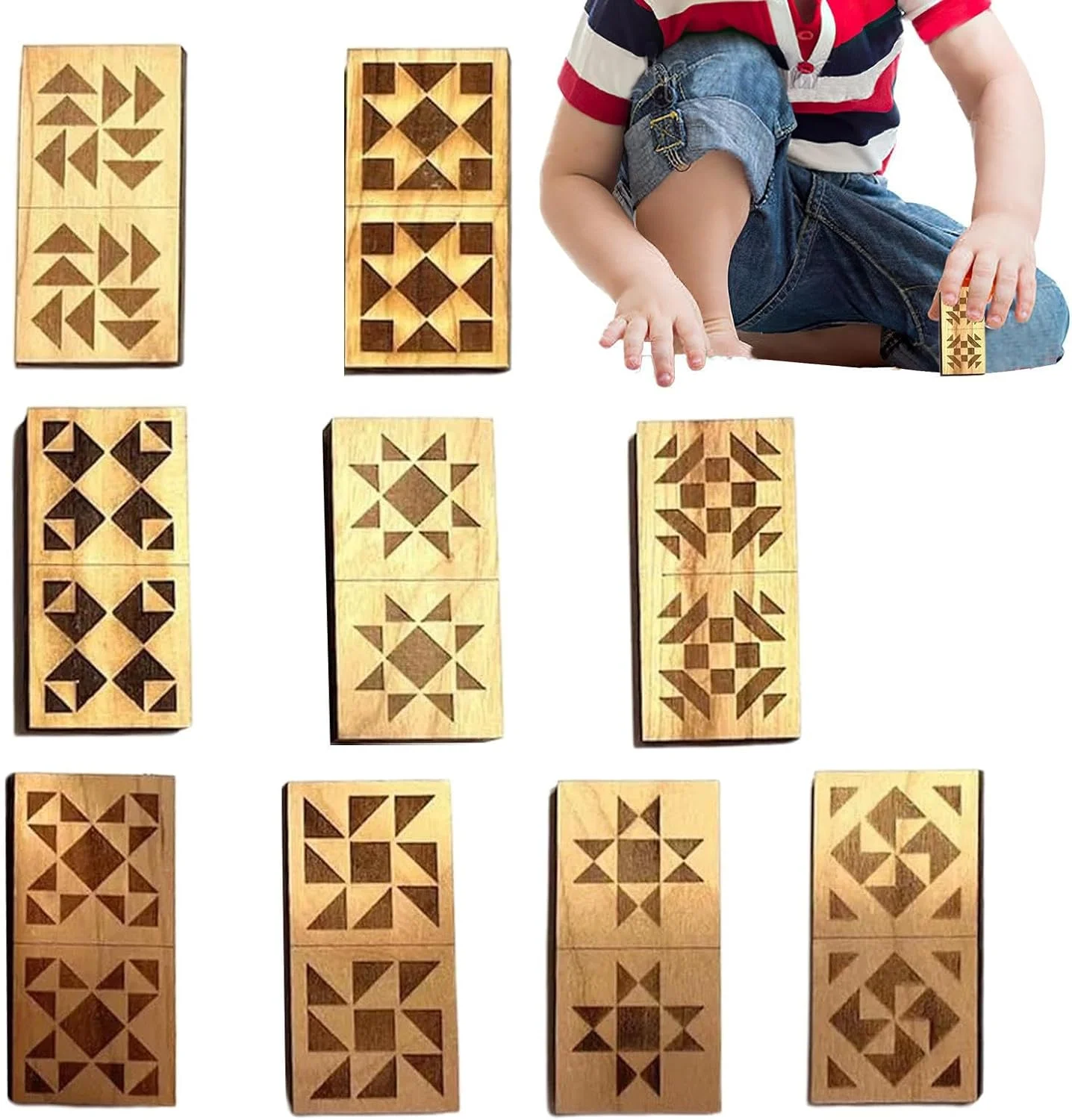 بازی دومینو برای کودکان، اسباب بازی چوبی با طرح لحاف - بازی تخته ای آموزشی - برای کودکان، بزرگسالان، کلاس های مدرسه، علاقه مندان به خیاطی، مربیان، تولد، اردوهای تابستانی و مسافرت