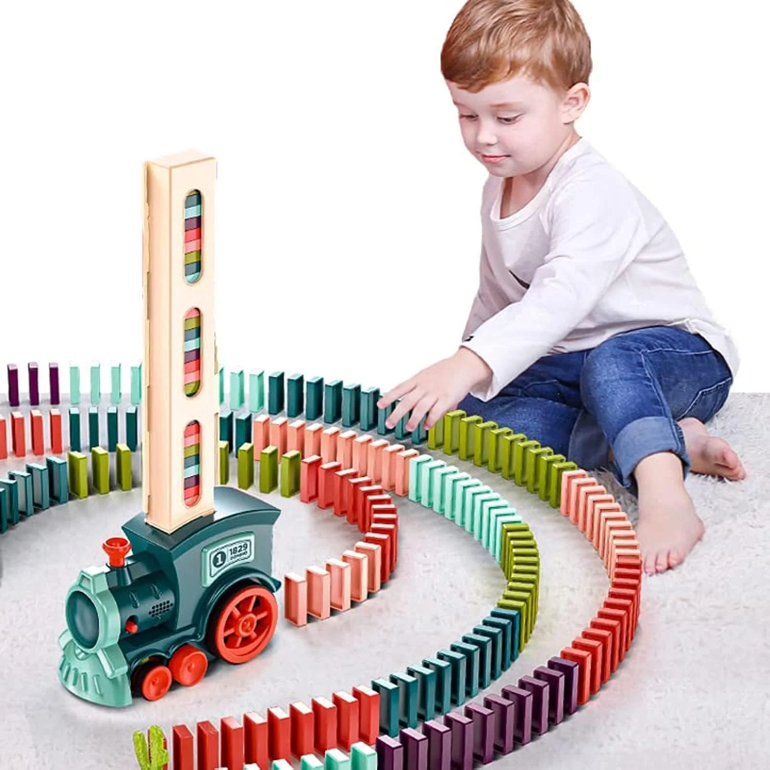 مجموعه اسباب بازی قطار دومینو، 60 قطعه بلوک دومینو با چراغ و صدا، اسباب بازی ساختمانی چیدن بلوک های دومینو، هدیه خلاقانه STEM برای پسران و دختران 3+ ساله