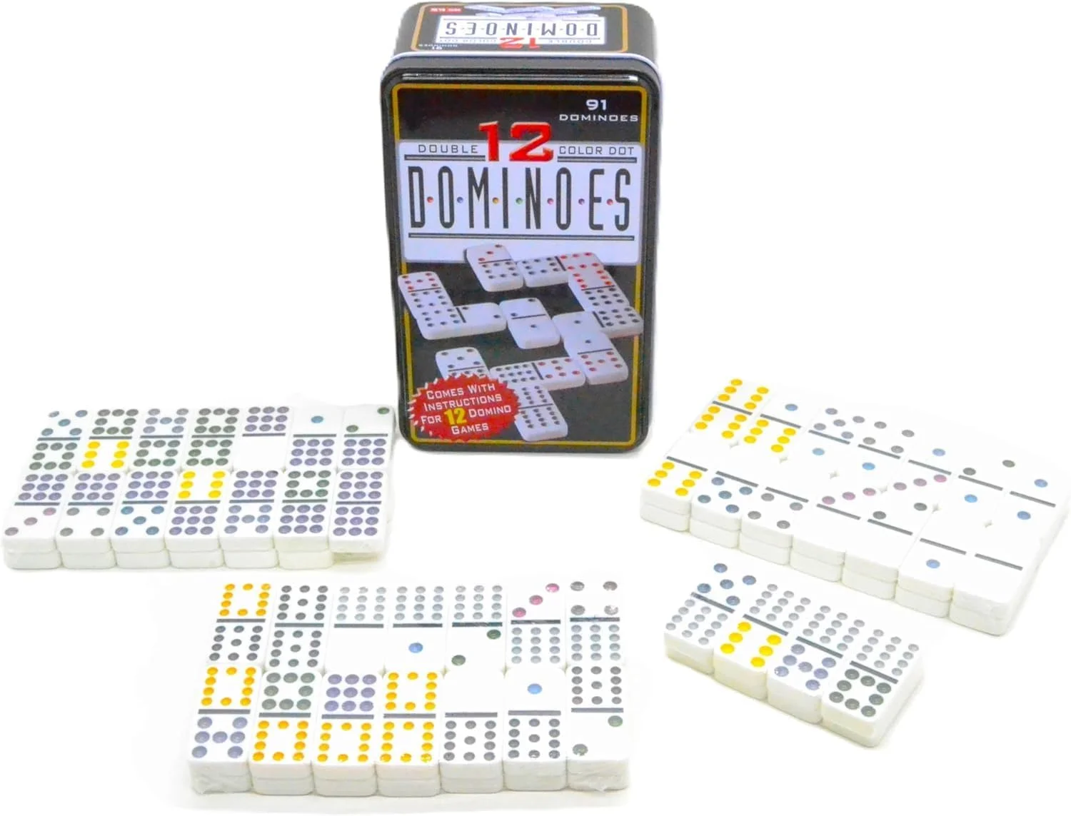 بازی دومینو ۹۱ قطعه ای بزرگسالان، بزرگ، XXL، جعبه فلزی، بازی دومینو با ۱۲ رنگ، ۹۱ مهره، امتیاز دو برابر، فلزی، جعبه بزرگ XXL (بازی ۹۱، دومینو) ساخته شده از فلز
