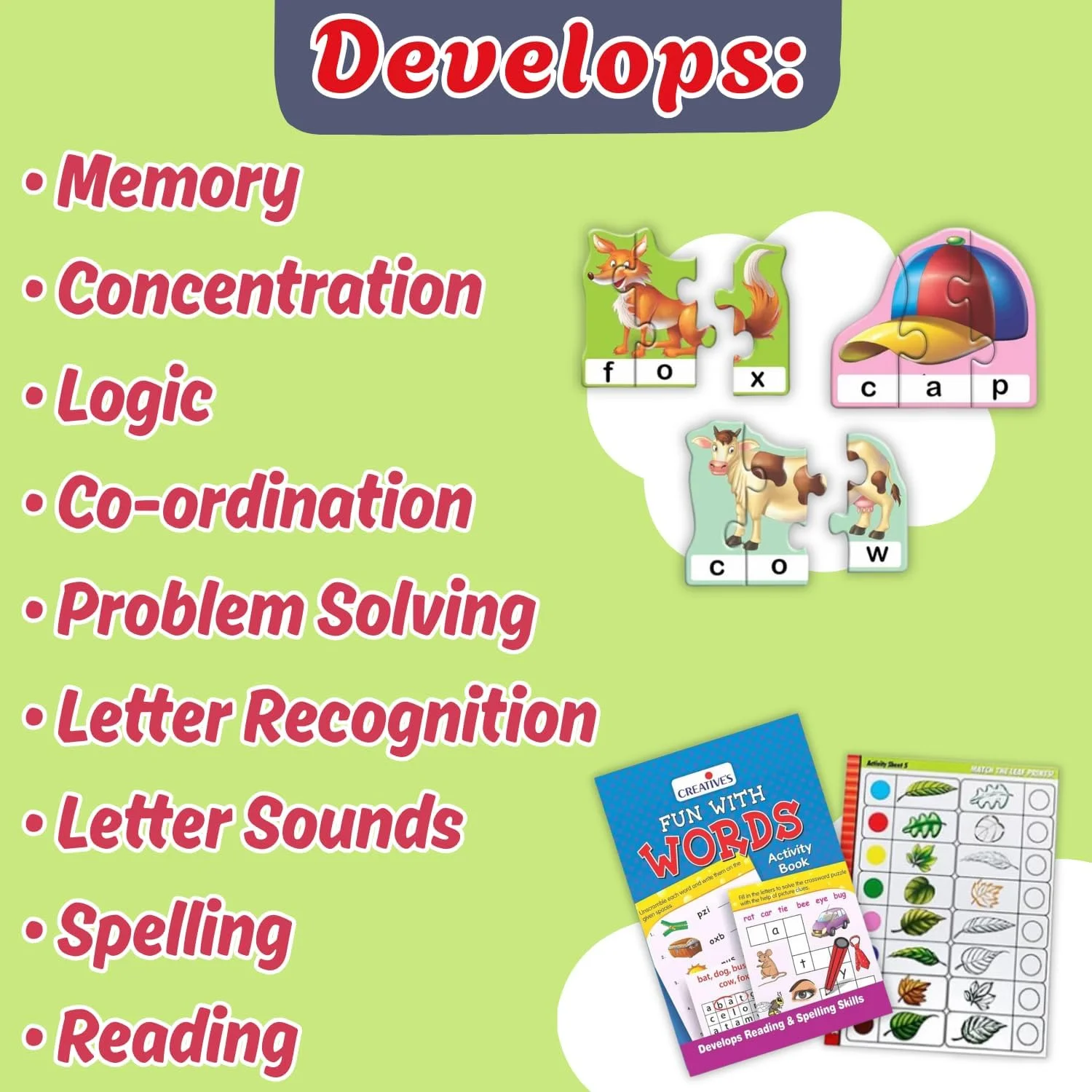 مجموعه بازی های آموزشی فکری و تطبیقی قسمت 1 و سرگرمی با کلمات برای کودکان - پازل های ساخت واژه به همراه کتاب فعالیت - تقویت حافظه، دایره لغات و حل مسئله - مناسب برای 4 سال به بالا