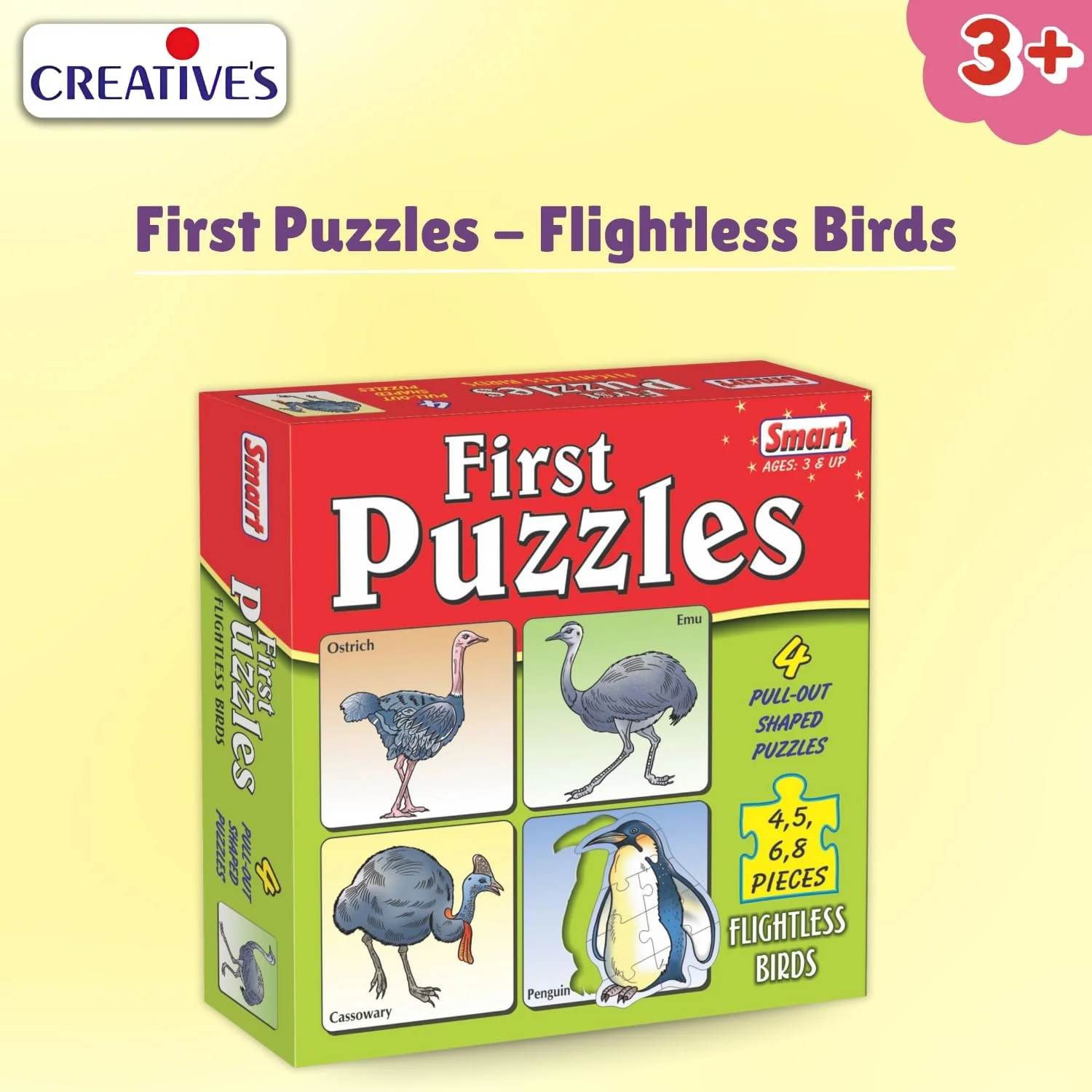پازل های هوشمندانه حیوانات – پرندگان بدون پرواز | ۴ پازل حیوانات با شکل های شترمرغ، ایمو، کاسواری و پنگوئن | پازل اره مویی آموزشی زودهنگام برای کودکان | ۴، ۵، ۶ و ۸ قطعه | اسباب بازی آموزشی برای سنین ۳ سال به بالا