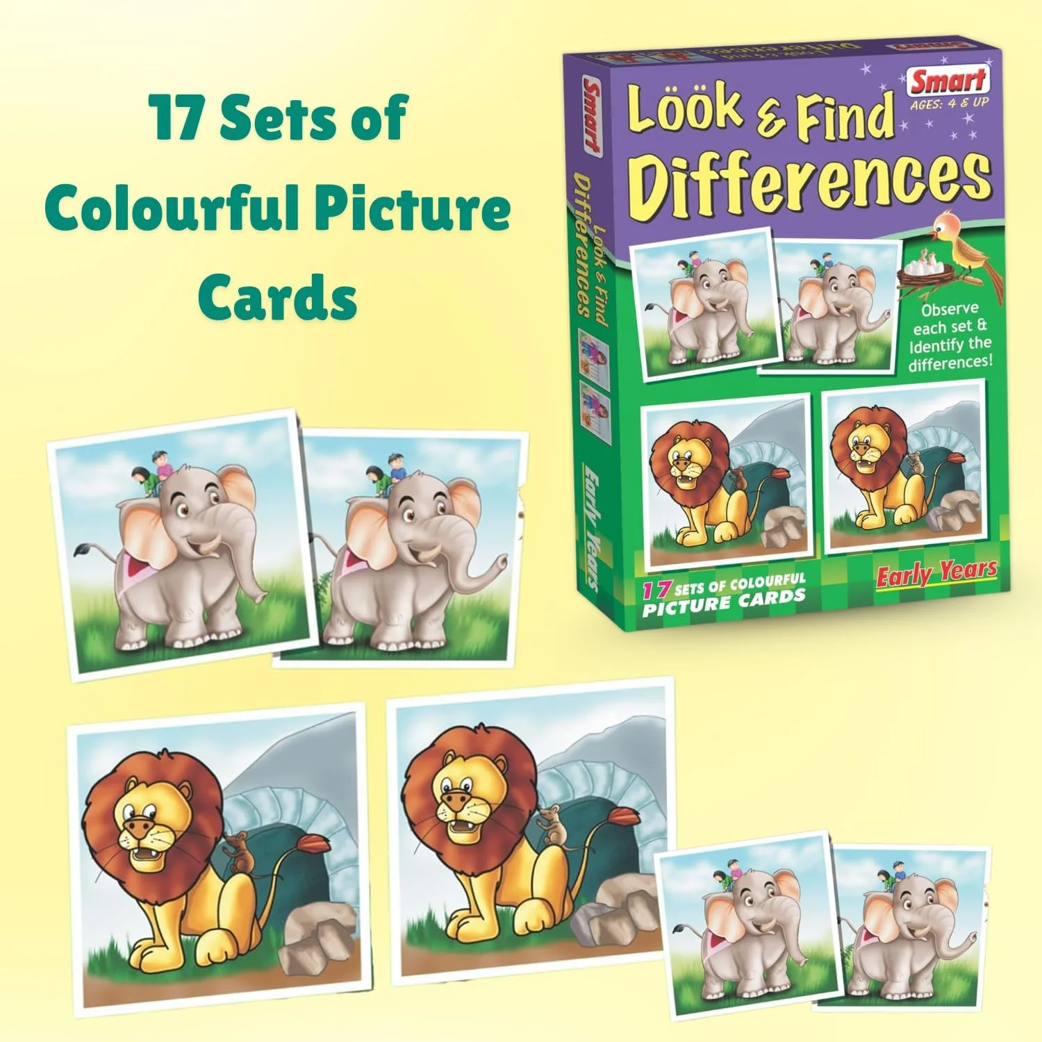 بازی فکری پیدا کردن تفاوت ها – ۱۷ مجموعه کارت تصویری رنگارنگ | بازی تشخیص تفاوت ها برای کودکان | فعالیت سرگرم کننده برای تقویت مهارت های مشاهده و تفکر | اسباب بازی آموزشی پیش دبستانی مناسب برای کودکان ۴ سال به بالا