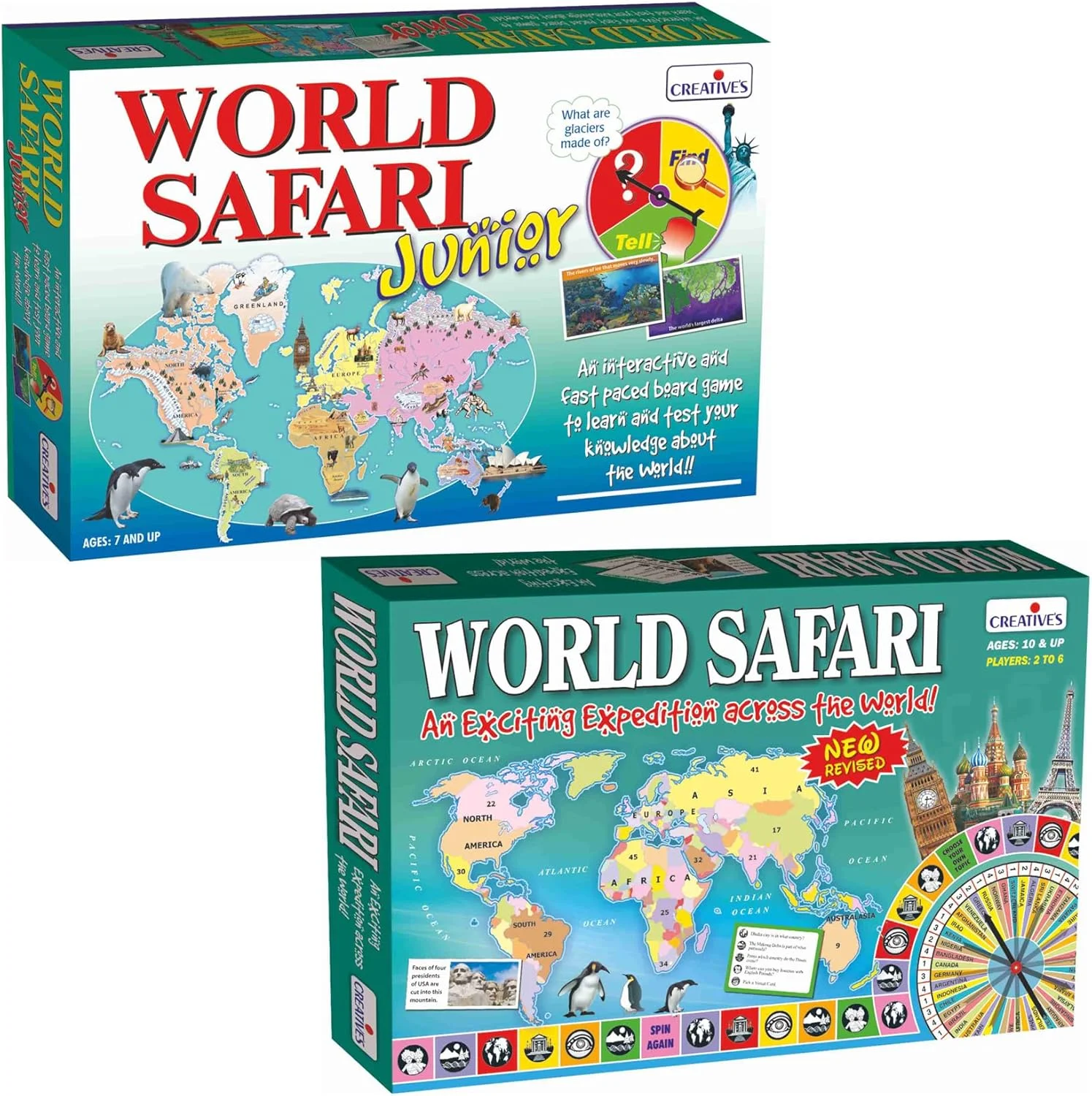 بسته ترکیبی دو عددی سافاری جونیور و سافاری سنیور دنیای خلاق | بازی های تخته ای آموزشی سرگرم کننده برای کودکان 7 و 10 سال | یادگیری درباره کشورها، پرچم ها، پایتخت ها، واحد پول و مسابقه خانوادگی بیشتر
