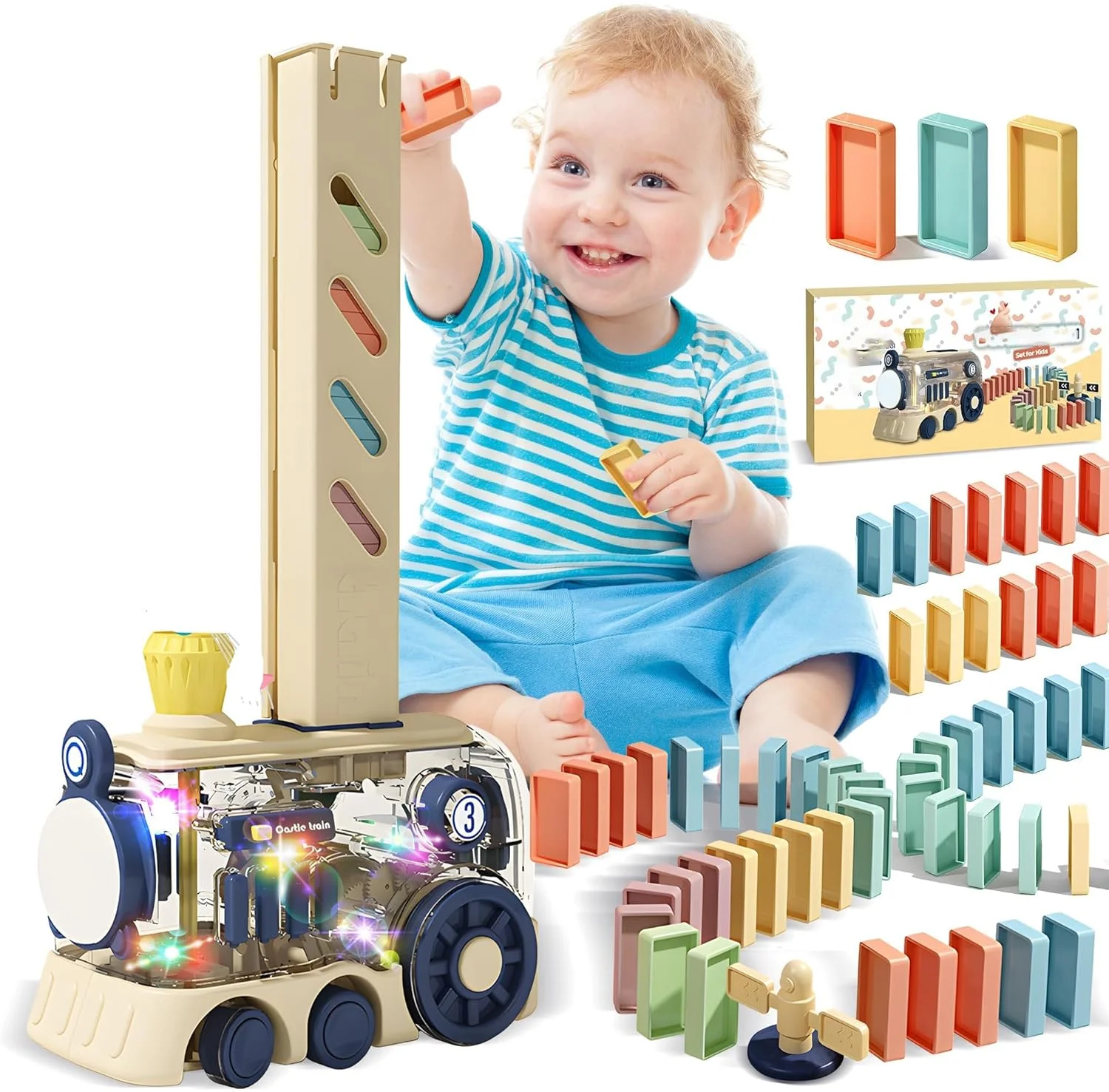 اسباب بازی قطار دومینو اتوماتیک - 80 قطعه بلوک ساختمانی STEM با مسیرهای چیدمان، اسباب بازی های آموزشی مونته سوری برای پسران و دختران 4+ ساله، ایده آل برای یادگیری و هدیه تولد