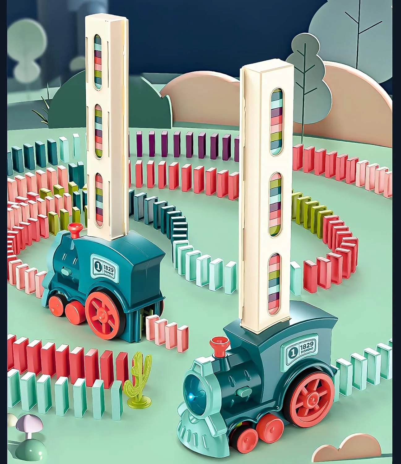 اسباب بازی قطار دومینو، مجموعه 60 عددی بلوک های دومینو با چراغ و صدا، اسباب بازی ساختنی و چیدنی بلوک های دومینو، هدیه خلاقانه STEM برای پسران و دختران 3، 4، 5، 6 و 7 ساله