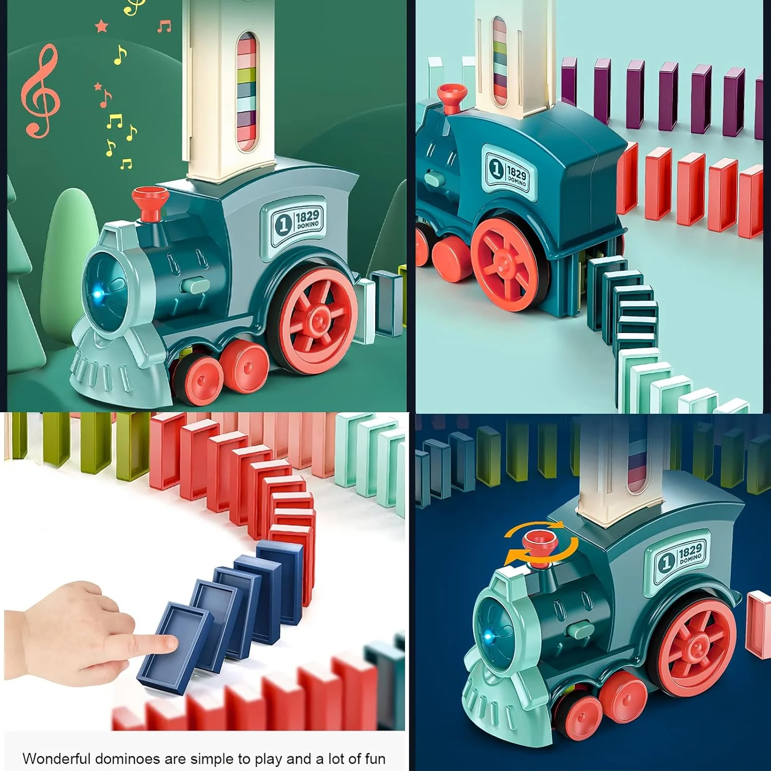 اسباب بازی قطار دومینو، مجموعه 60 عددی بلوک های دومینو با چراغ و صدا، اسباب بازی ساختنی و چیدنی بلوک های دومینو، هدیه خلاقانه STEM برای پسران و دختران 3، 4، 5، 6 و 7 ساله