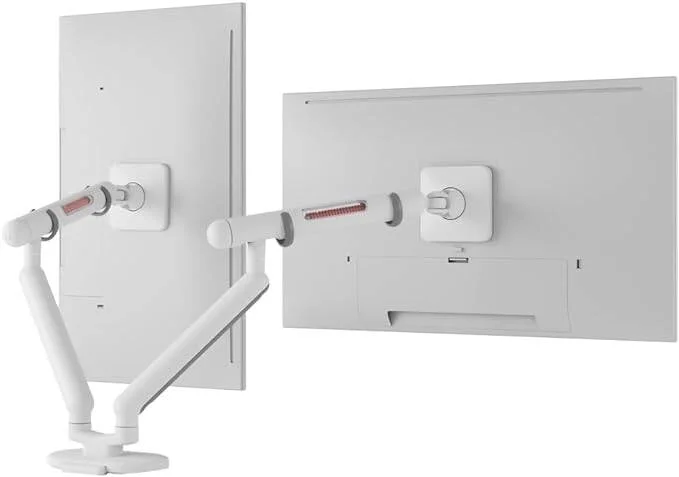 پایه مانیتور دوگانه بازویی سفید رنگ مناسب فضای کار و بازی، مدیریت کابل، مفصل انعطاف پذیر 180/360 درجه، 21 اینچ افزایش طول، سازگار با VESA 75mm/100mm، سازگار با مانیتورهای 18 تا 28 اینچ، ظرفیت وزنی 9.1 کیلوگرم، الهام گرفته از نور جنگ ستارگان