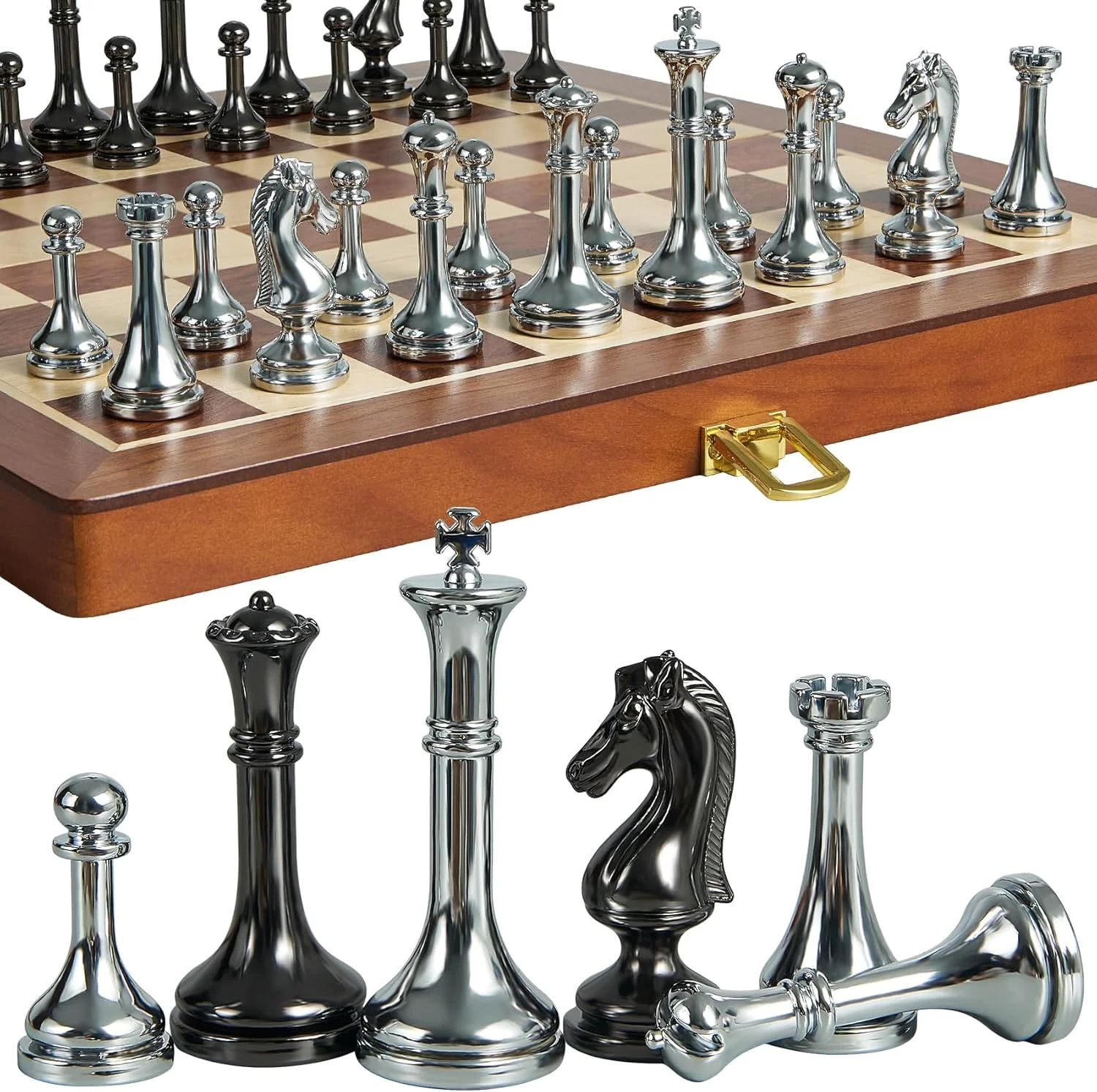 صفحه شطرنج فلزی برای بزرگسالان و کودکان - صفحه شطرنج تاشو چوبی 12 اینچی و مهره های فلزی، صفحه شطرنج قابل حمل مسافرتی - وزیرهای اضافی و شاه 2.5 اینچی، هدیه ایده آل برای علاقه مندان به شطرنج و مبتدیان