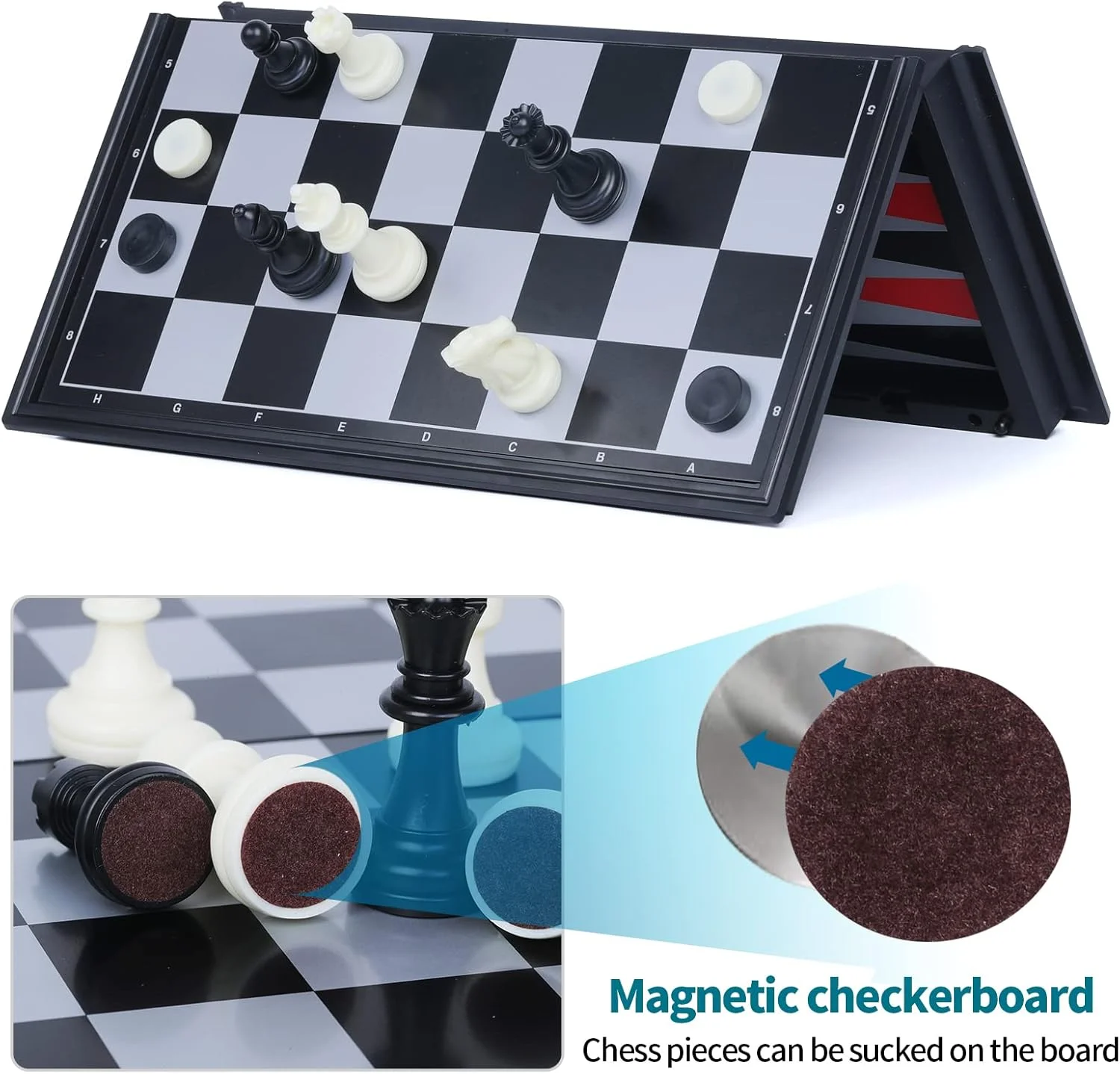 ست بازی شطرنج مغناطیسی 3 در 1، شطرنج / دوز / تخته نرد مسافرتی، صفحه شطرنج تاشو سیاه و سفید 31x31 سانتی متر مناسب کودکان، بزرگسالان و خانواده