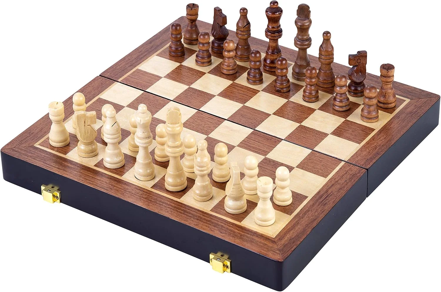 انگل‌هارت - ست شطرنج چوبی جامد - چوب زبان گنجشک - ۳۲ مهره چوبی حکاکی و رنگ‌آمیزی شده - جعبه قفل‌دار - (۴۵.۵ سانتی‌متر)