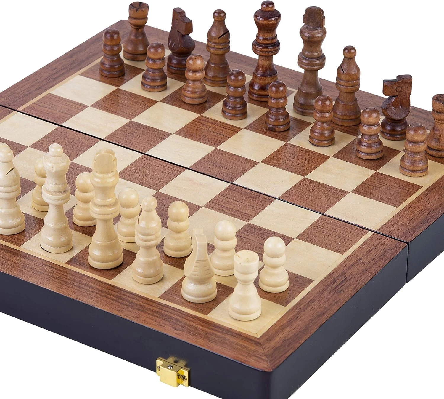 انگل‌هارت - ست شطرنج چوبی جامد - چوب زبان گنجشک - ۳۲ مهره چوبی حکاکی و رنگ‌آمیزی شده - جعبه قفل‌دار - (۴۵.۵ سانتی‌متر)