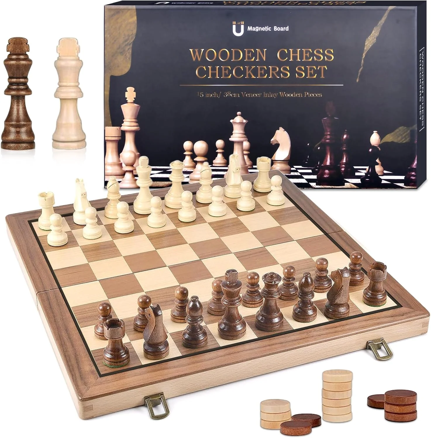 بازی شطرنج، صفحه شطرنج چوبی 2 در 1 قابل حمل، صفحه شطرنج تاشو مسافرتی، بازی شطرنج کودکان، ست مغناطیسی برای فعالیت های خانوادگی و مهمانی ها، 39 در 39 سانتی متر
