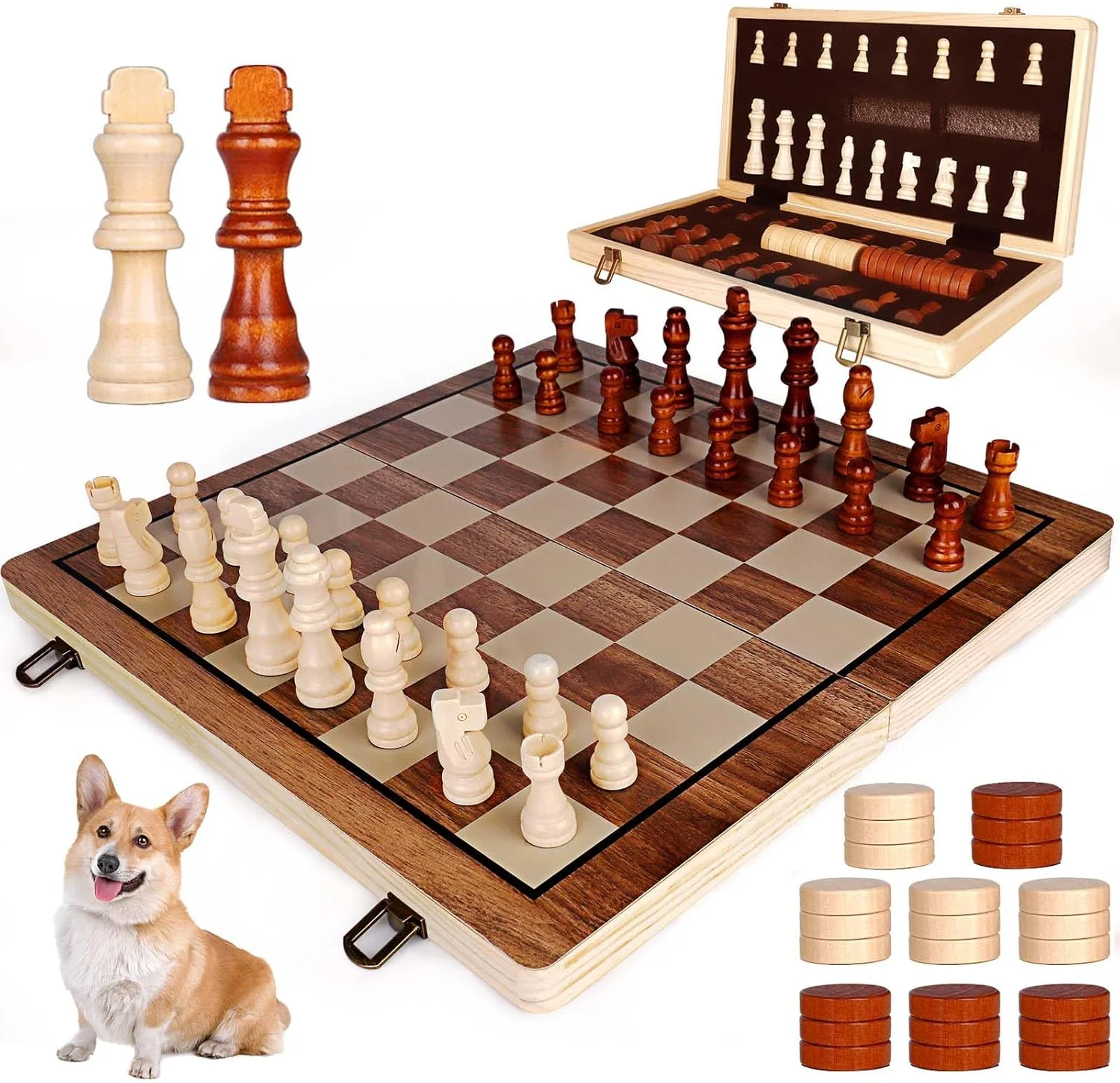 صفحه شطرنج چوبی ۱۵ اینچی، ست شطرنج و دوز با ۲ وزیر اضافی، صفحه شطرنج چوبی تاشو برای بزرگسالان و کودکان، بازی شطرنج دستی قابل حمل برای هدیه مسافرتی خانوادگی