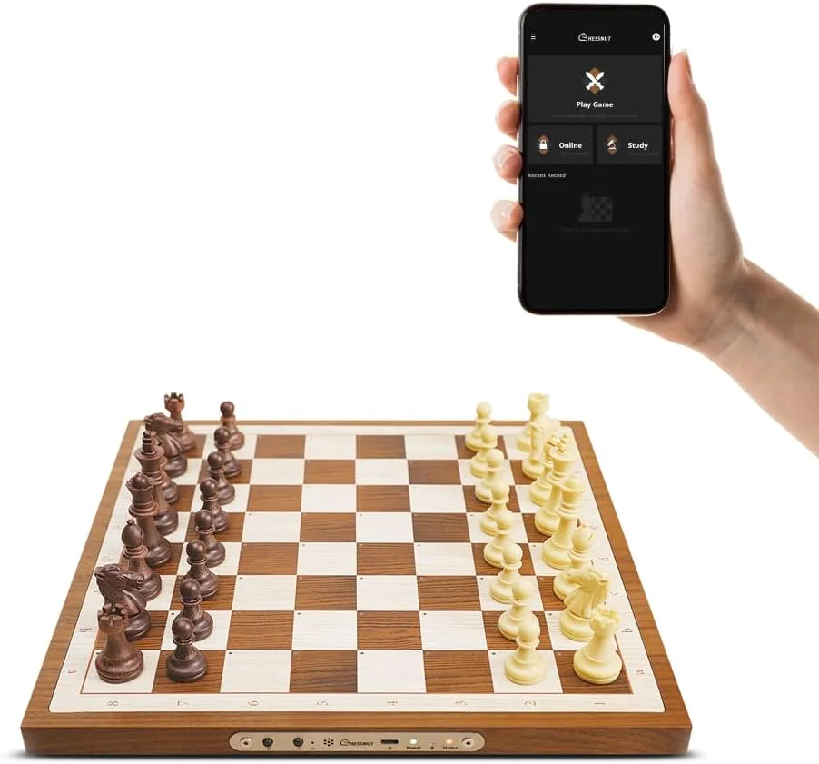 صفحه شطرنج الکترونیکی Chessnut Air، صفحه شطرنج چوبی دست ساز و نفیس با مهره‌های وزیر اضافی، ال‌ای‌دی، بازی شطرنج الکترونیکی تطبیقی هوش مصنوعی و اپلیکیشن با صفحه شطرنج کامپیوتری
