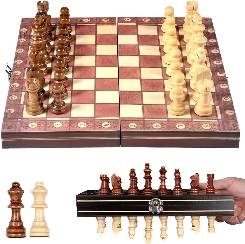 صفحه شطرنج چوبی، صفحه شطرنج تاشو 3 در 1، ست شطرنج مغناطیسی، هدیه برای کودکان و بزرگسالان، 29 در 29 سانتی متر