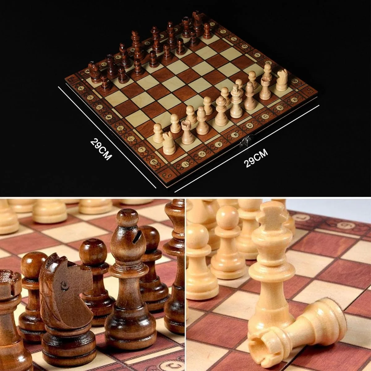 صفحه شطرنج چوبی، صفحه شطرنج تاشو 3 در 1، ست شطرنج مغناطیسی، هدیه برای کودکان و بزرگسالان، 29 در 29 سانتی متر