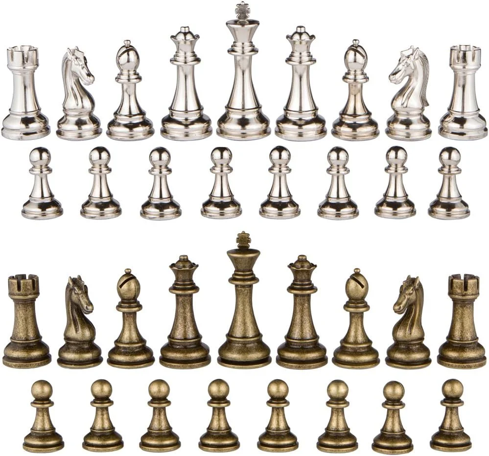 مهره های شطرنج فلزی سنگین جانوس نقره ای و برنزی با وزیرهای اضافی - فقط مهره ها - بدون صفحه - شاه 4.5 اینچی