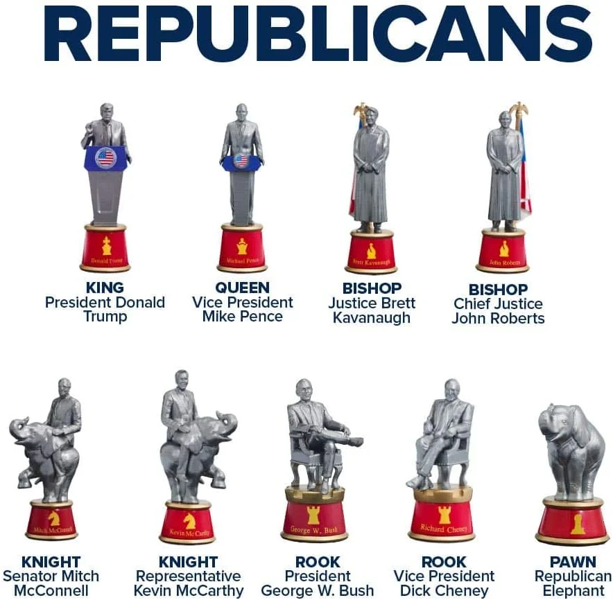 مجموعه شطرنج نسخه کلکسیونی نبرد برای کاخ سفید 2020 - مهره های شطرنج شبیه سیاستمداران و صفحه شطرنج میهن پرستانه، دموکرات ها در مقابل جمهوری خواهان