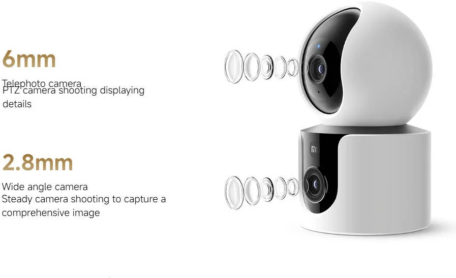 دوربین هوشمند شیائومی C300 Dual، لنزهای دوگانه 3 مگاپیکسلی، چرخش افقی 360 درجه و شیب عمودی 88 درجه، لنز تله فوتو 6 میلی متری، دید در شب رنگی کامل، تشخیص هوش مصنوعی، تماس دو طرفه، Wi-Fi 6، سفید | MJSXJ22CM