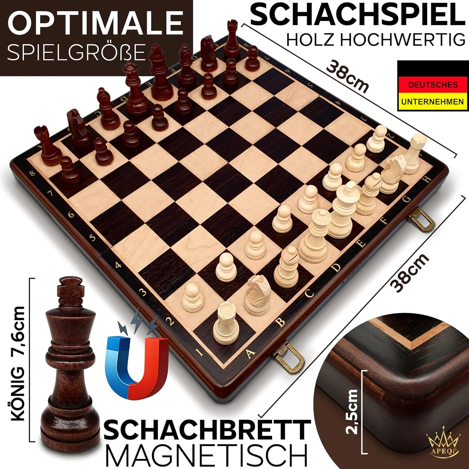 بازی شطرنج مغناطیسی ممتاز چوبی، چوب جامد 38 در 38 سانتی متر، 2 مهره اضافی، ایده هدیه، صفحه شطرنج شیک، صفحه شطرنج تاشو با 34 مهره شطرنج