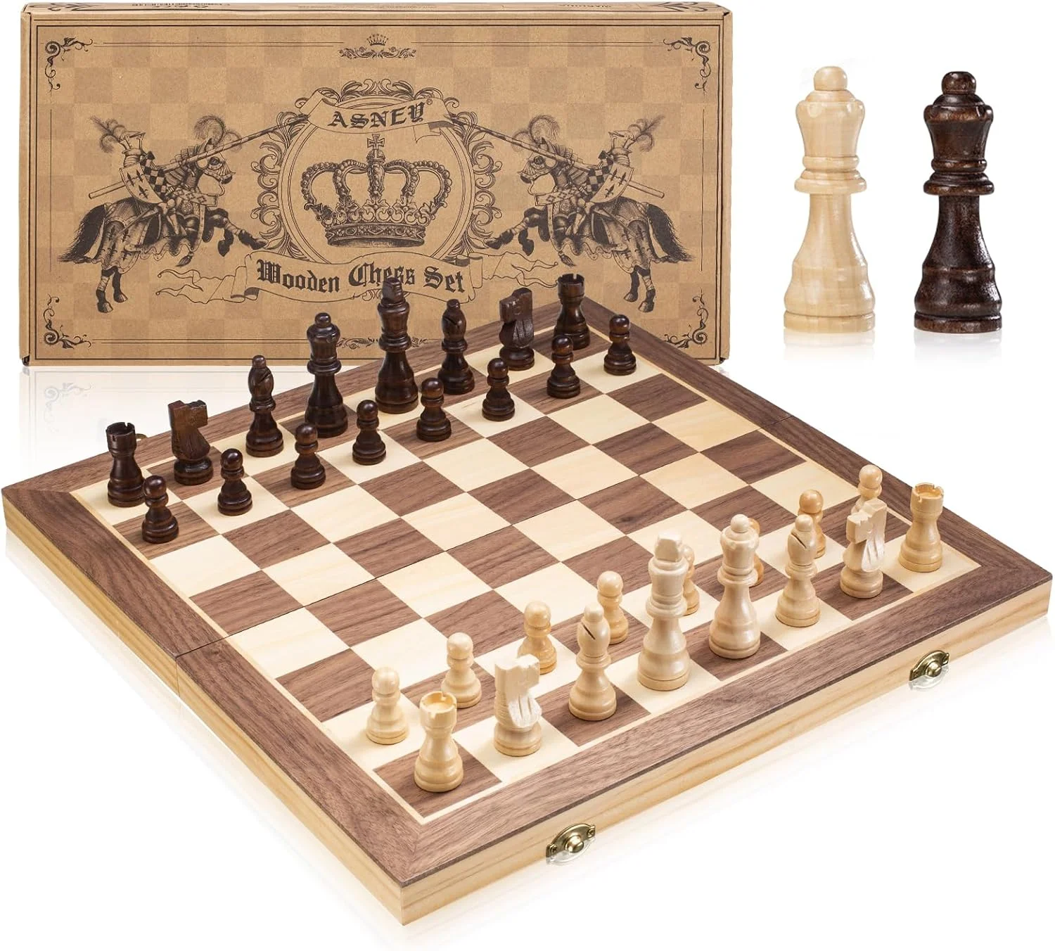 صفحه شطرنج مغناطیسی ارتقا یافته ASNEY، ست بازی شطرنج چوبی استانتون مسابقاتی 15 اینچی با مهره های شطرنج ساخته شده و اسلات های ذخیره سازی برای کودکان و بزرگسالان، شامل شاه و وزیر اضافی و کیف حمل