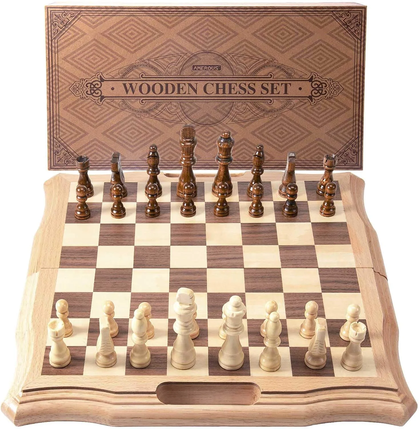 صفحه شطرنج چوبی مغناطیسی 15.6 اینچی AMEROUS، صفحه بازی شطرنج دستی با اسلات های ذخیره سازی مهره ها - 2 وزیر اضافی - بسته هدیه، شطرنج برای مبتدیان، کودکان و بزرگسالان