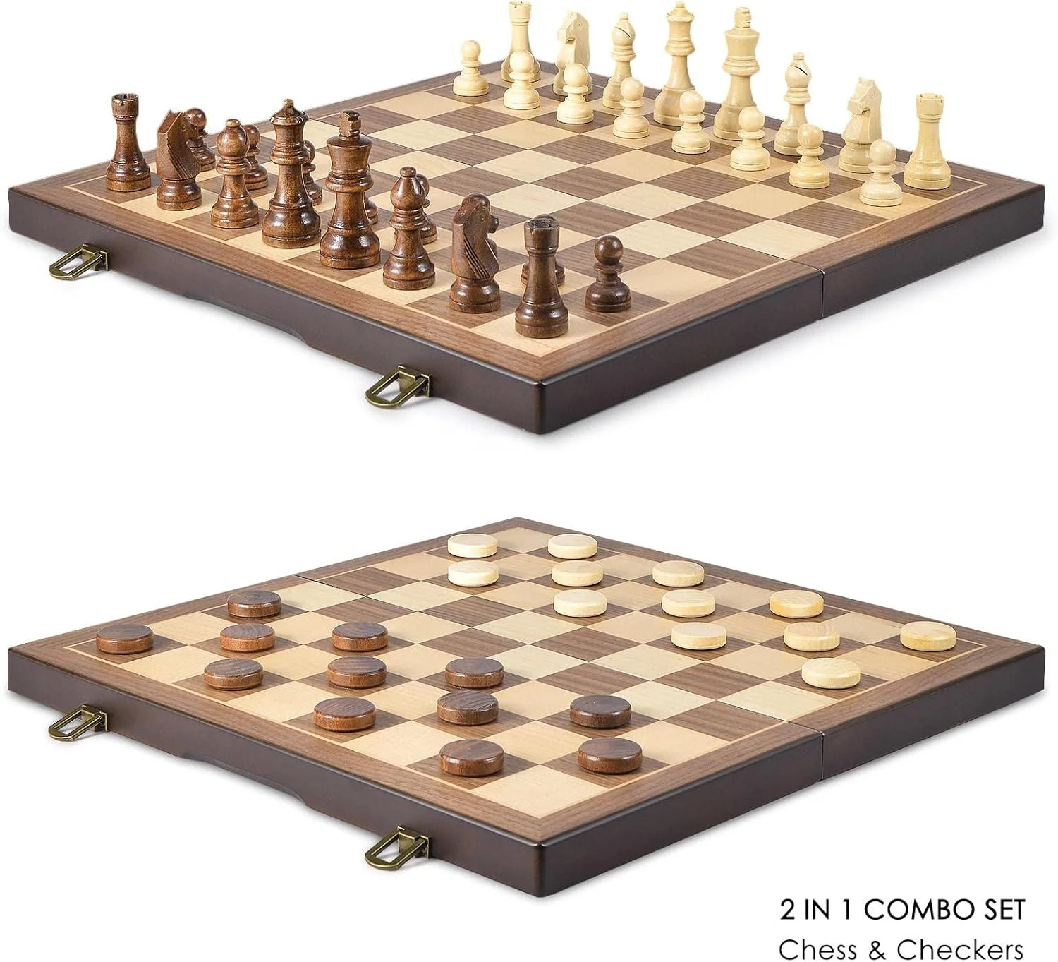 مجموعه بازی شطرنج و چکرز چوبی مغناطیسی AMEROUS، 15 اینچ (2 در 1) به همراه مهره های اضافی - بسته هدیه - دارای جایگاه نگهداری مهره ها، مناسب برای مبتدیان، کودکان و بزرگسالان